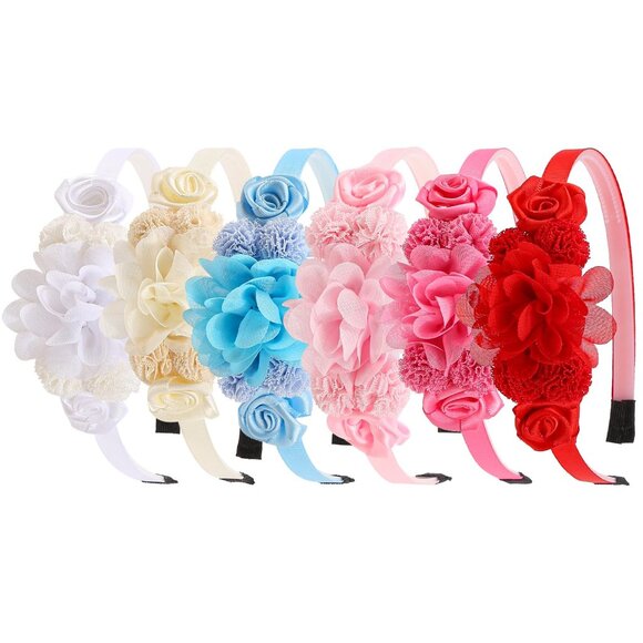 Girls Flower Headbands Set 6 Multicolor Floral Soft Fabric for Kids Parties - Picture 2 of 6